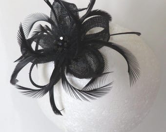 Black Sinamay Loop Feather and Crystal Hair Clip Fascinator Headpiece Wedding Races Gothic Goth - Made to Order