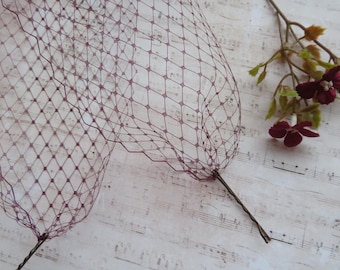 Dark Burgundy Wine Maroon Narrow Classic Soft Veiling Bandeau Vintage Elegant Eye Veil Gothic Wedding Bridal Brides Simple Veils with Grips