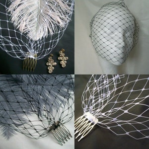 May include: Four images showing different styles of black and white birdcage veils with combs. The veils are made of a fine mesh material and have a delicate, feminine look.