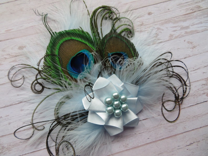Pale Ice Blue Peacock Feather & Pearl Small Vintage Hair Clip Fascinator or Vintage Style Flapper Band Gift Gifts Made to Order image 2