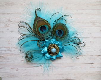 Pale Turquoise Peacock Clip Aqua Blue Shades Gold Feather & Pearl Vintage Mini Fascinator Hair Clips Headpiece Gift Gifts - Made to Order