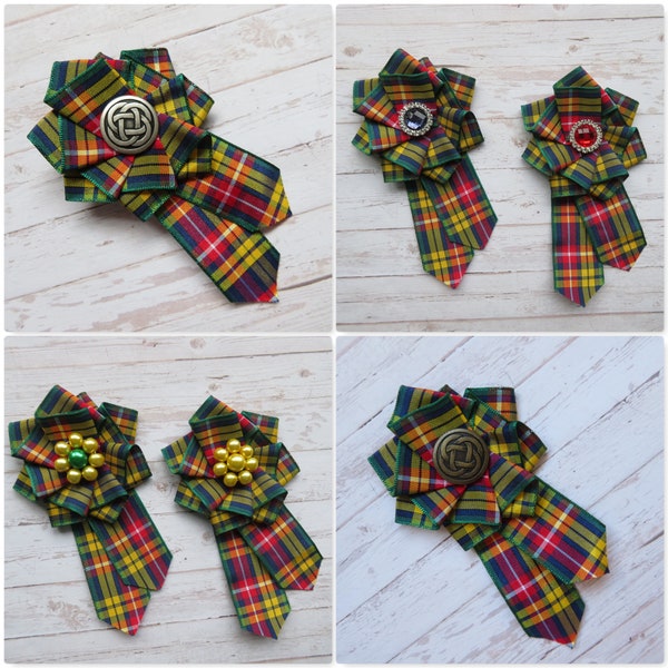 Buchanan Tartan Ruffle Rosette Mini Brooch Pin Scottish Highland Plaid Ribbon Wedding Buttonhole Corsage Gift- Made to Order