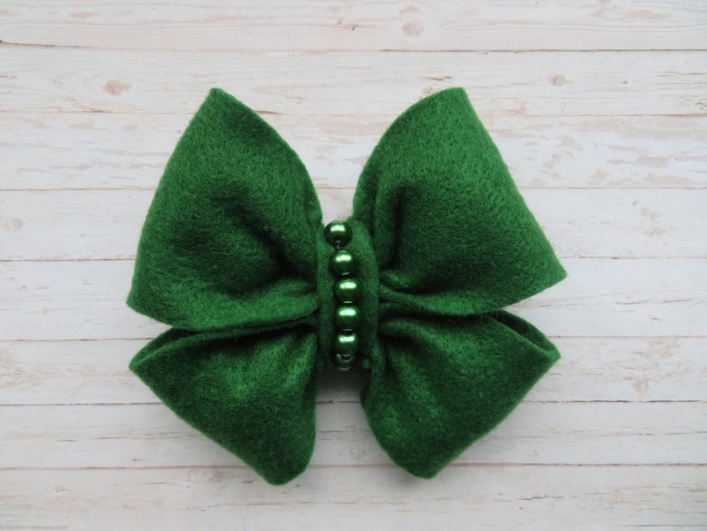 Forest Green Vintage Style Felt and Pearl Hair Bow Accessories Clip in Bows Retro Wedding Party Ready Made image 1