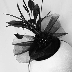 Black and Silver Vintage Victorian Gothic Style Crinoline Bow Feather & Rhinestone Wedding Fascinator Mini Hat -  Made to Order