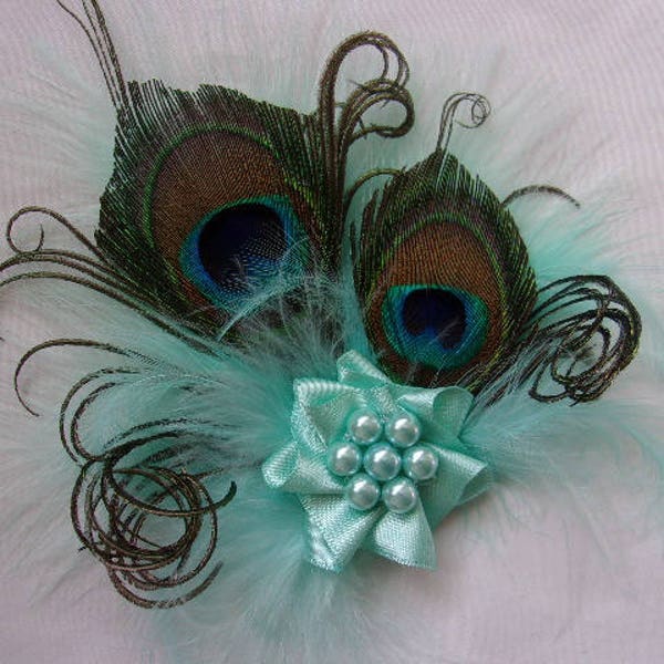 Aqua Peacock Fascinator Pale Aquamarine Blue Feather & Pearl Vintage  Mini Hair Clip Headpiece Wedding Gift Gifts Made to Order