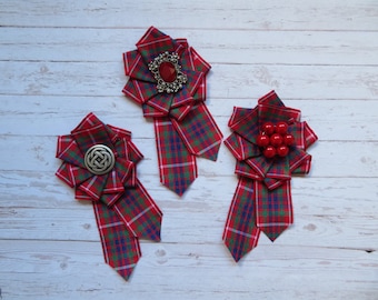 Fraser Red Tartan Ruffle Rosette Mini Brooch Pin Scottish Highland Plaid Ribbon Pearl Wedding Buttonhole Corsage Gift - Made to Order
