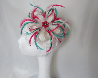 Ivory Cerise Raspberry Pink and Jade Cyan Green Sinamay Loop Feather Clip Fascinator Mini Hat Headpiece Wedding Races - Made to order