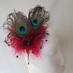 Burgundy Peacock Fascinator Marsala Berry Wine Feather & Pearl Burlesque Victoriana Wedding Hair Comb or Headband Made to Order image 1