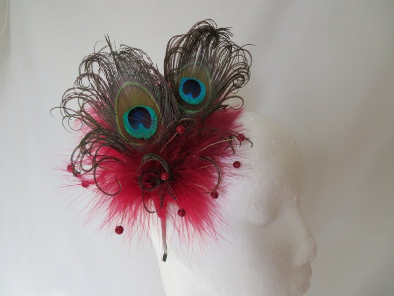 Burgundy Peacock Fascinator Marsala Berry Wine Feather & Pearl Burlesque Victoriana Wedding Hair Comb or Headband Made to Order image 1