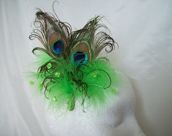 Lime Green Fascinator - Peacock Bright Apple Fluff Feather & Crystal Vintage Regency Style Wedding Fascinator Hair Comb Band - Made To Order