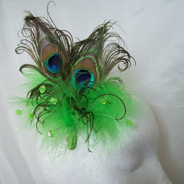 Lime Green Fascinator - Peacock Bright Apple Fluff Feather & Crystal Vintage Regency Style Wedding Fascinator Hair Comb Band - Made To Order