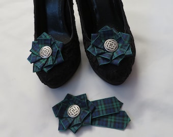 Black Watch Tartan Celtic Ribbon Ruffle Brooch & Shoe Clips Set - Navy Emerald Green Plaid Wedding Ceilidh Highlands Scottish- Made to Order