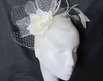 Cream Ivory Bridal Headband Feather Tulle and Veil Rose Flower Vintage Style Brides Fascinator Hat Halo Hairband Band- Ready Made