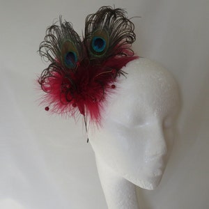 Burgundy Peacock Fascinator Marsala Berry Wine Feather & Pearl Burlesque Victoriana Wedding Hair Comb or Headband Made to Order image 8