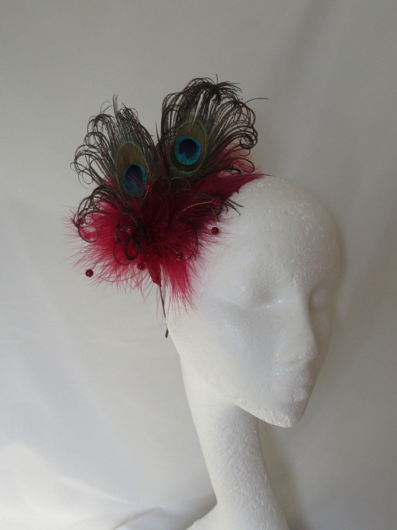 Burgundy Peacock Fascinator Marsala Berry Wine Feather & Pearl Burlesque Victoriana Wedding Hair Comb or Headband Made to Order image 8