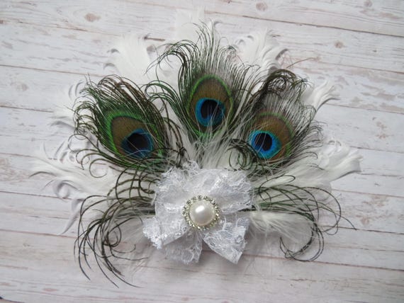 Vintage feather & lace wedding hair clip Feather Hair Clip in Vintage Pink and Mint with Crystal  main image 4