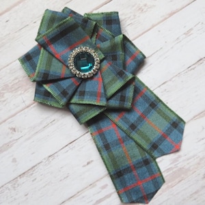 Flower of Scotland Tartan Ruffle Rosette Mini Brooch Pin Teal Crystal Scottish Highland Plaid Ribbon Wedding Buttonhole Gift- Made to Order