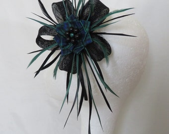 Black and Bottle Dusky Emerald Green Black Watch Tartan Sinamay Loop Feather Clip Fascinator Mini Headpiece Wedding - Made to Order