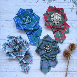 Large Tartan Ruffle Rosette Brooch Pin Scottish Highland Clan Plaid Ribbon Celtic Button Wedding Corsage Gift Burns Night - Made to Order