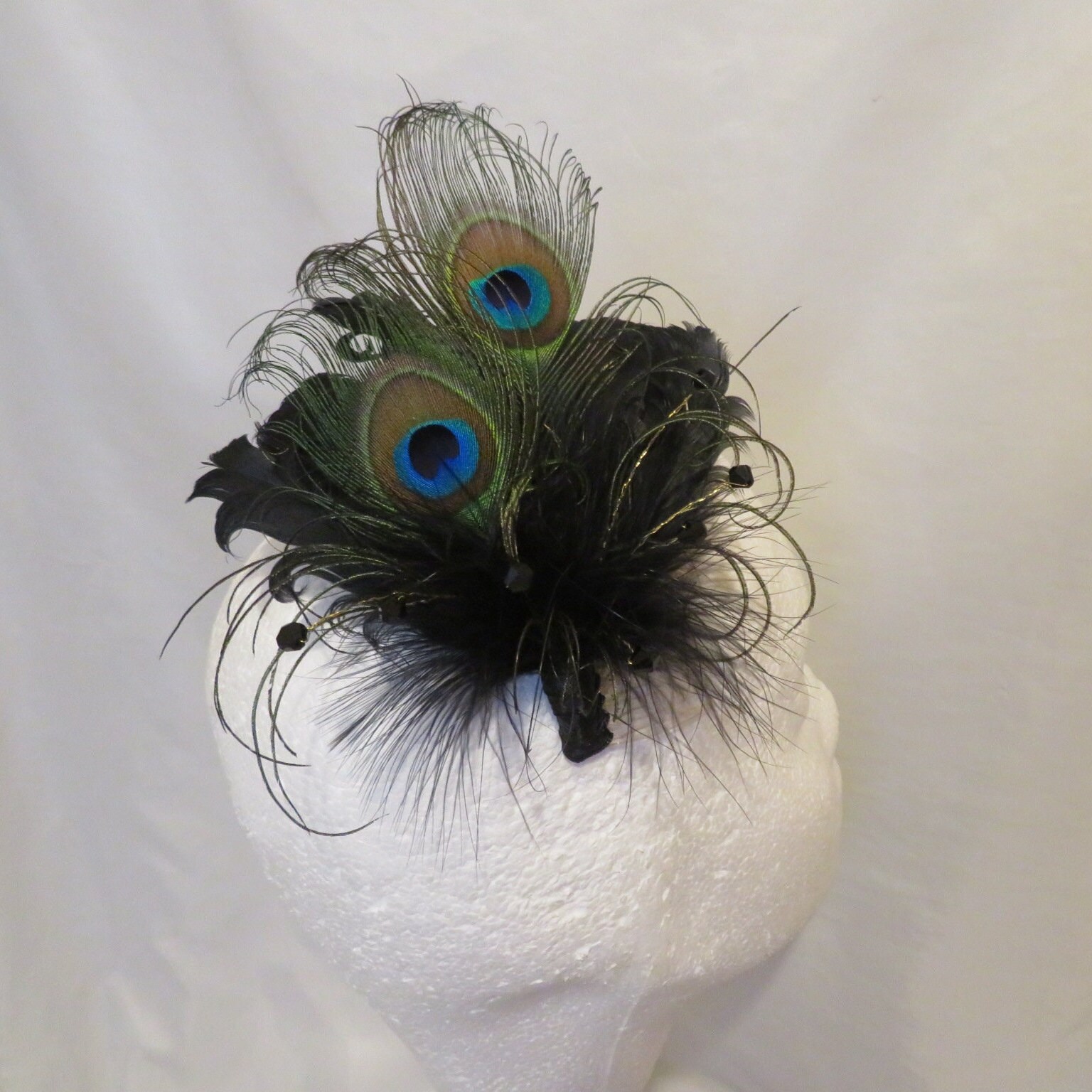 Vintage Feather Fascinator Black Plumes Swarovski Crystals Sequins Chic Large Elegant Black Beaded Fascinator Hat With Feathers and Veil  main image 2