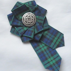 Black Watch Tartan Ruffle Rosette Celtic Button Pearls Crystals Brooch Pin Scottish Plaid Ribbon Wedding Burns Night Corsage Made to Order