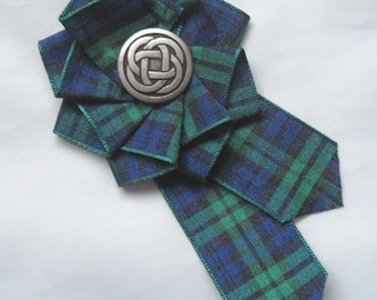 Black Watch Tartan Ruffle Rosette Celtic Button Pearls Crystals Brooch Pin Scottish Plaid Ribbon Wedding Burns Night Corsage Made to Order
