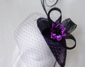 Black and Purple Fascinator Vintage Teardrop Style Veiled Crystal Studded Mini Hat - Ultraviolet - Gothic - Made To Order