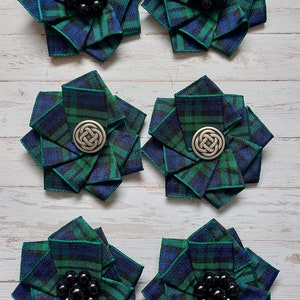 Black Watch Tartan Shoe Clips - Plaid Ribbon Ruffle & Crystal Pearl Shoe Decoration One Pair Scottish Highland Clan Wedding  Made to Order