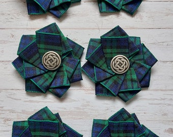 Schwarze Uhr-Tartan-Schuhclips – kariertes Band, Rüschen und Kristallperlen-Schuhdekoration, ein Paar schottische Highland-Clan-Hochzeit auf Bestellung