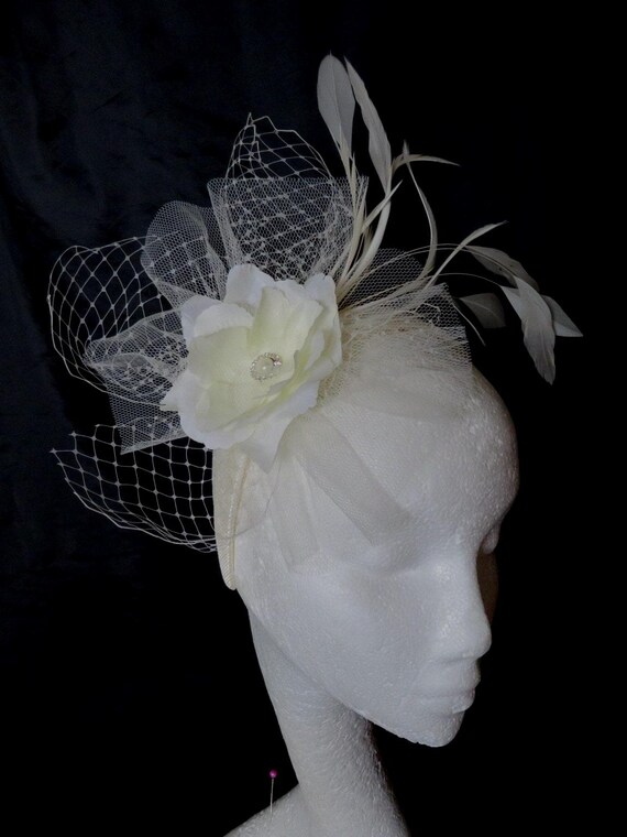 Ivory Bridal Fascinator - Cream Feather Tulle and Veil Rose  display picture 3
