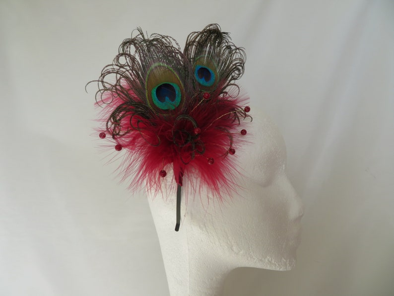 Burgundy Peacock Fascinator Marsala Berry Wine Feather & Pearl Burlesque Victoriana Wedding Hair Comb or Headband Made to Order image 2