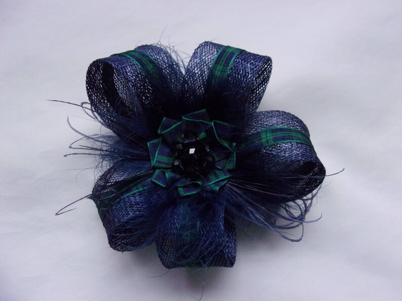 Scottish Burns Night Made to Order Navy Blue Fascinator Sinamay Loop with Blackwatch Tartan Mini Hair Clip Headpiece with Feathers