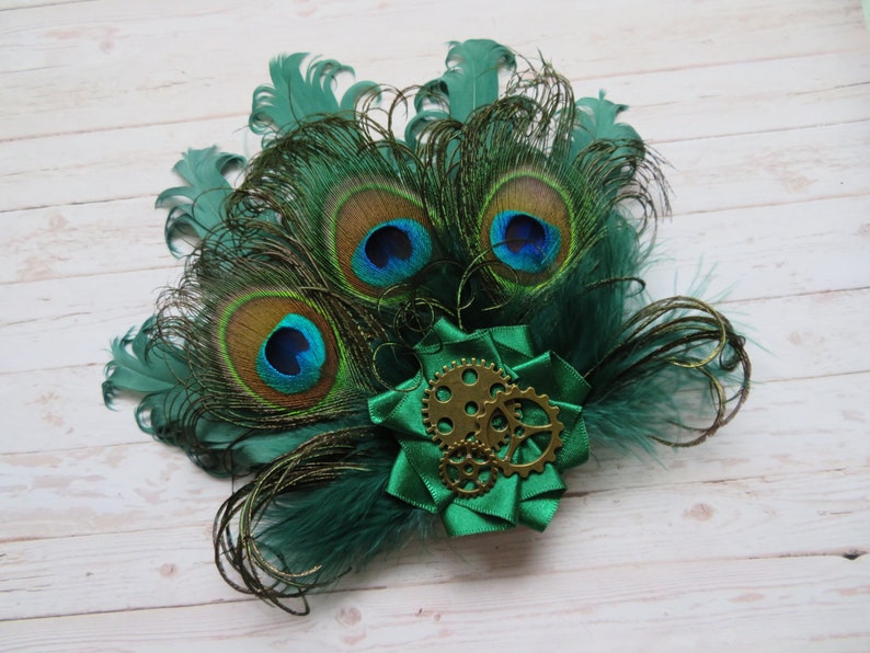Bottle Green Peacock Feather and Pearl Steampunk Rustic Mini Hair Clip Fascinator Headpiece Gift Racing Hunter Wedding Made to Order image 5