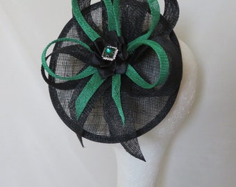 Emerald Green and Black Small Saucer Fascinator Hatinator Hat Sinamay Loops and Crystal - Wedding Party Races - Made to Order