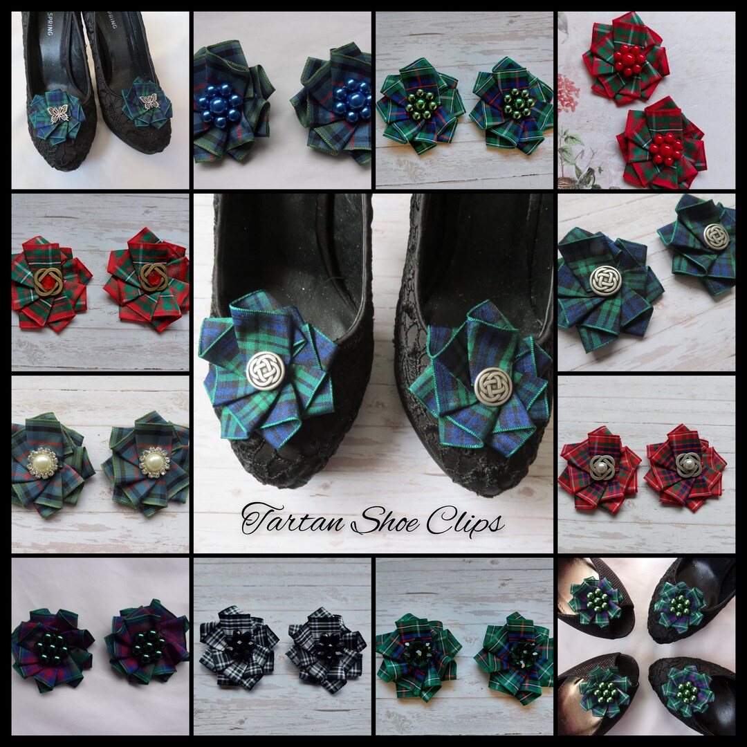 Tartan Shoe Clips Scottish Highland Clan Plaid Ribbon Ruffle & Celtic