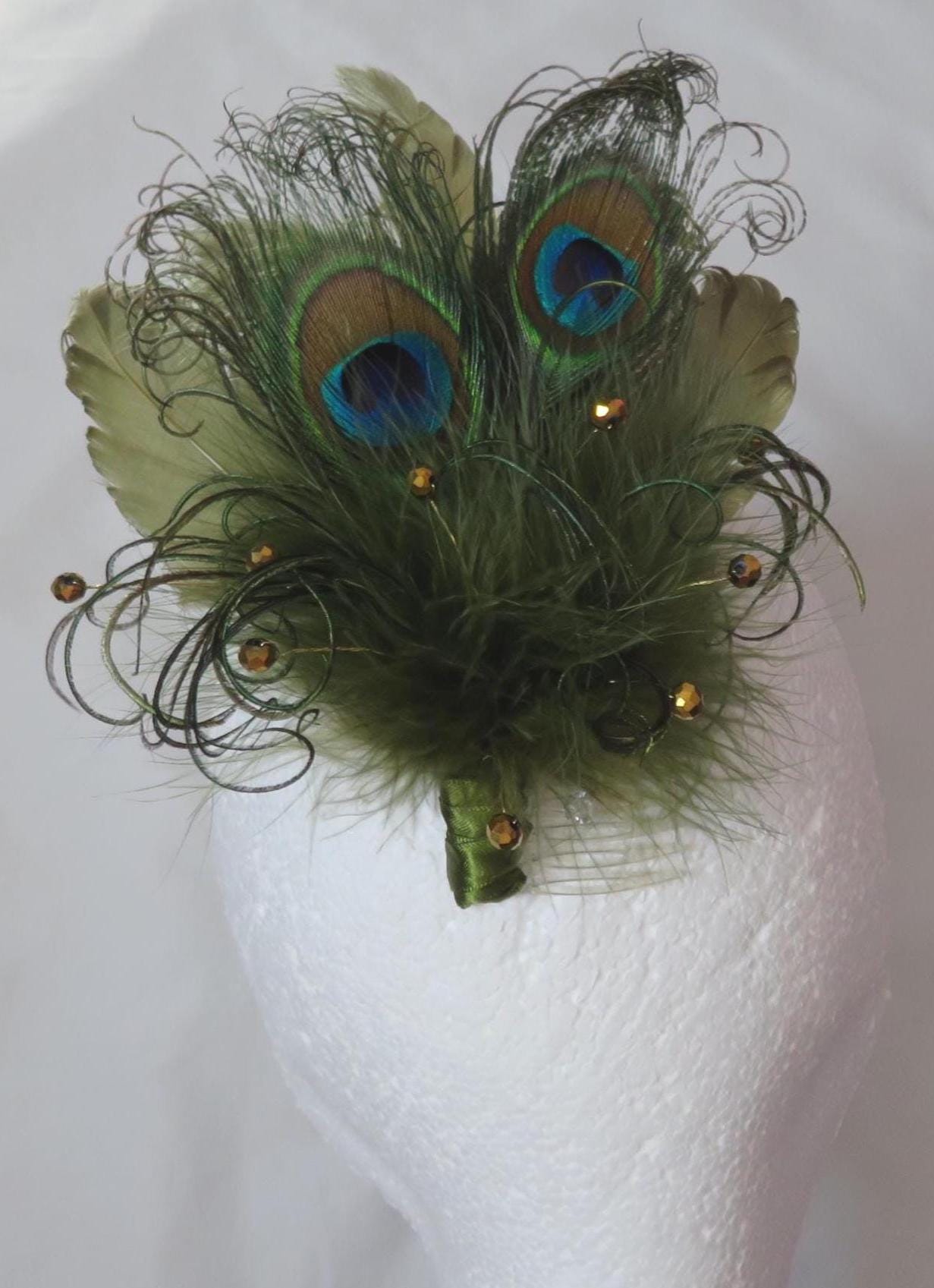 Fascinator Hat Veil Feather Dark khaki Dark Green Pillbox Fascinator with Bow, Feathers & Veil  main image 3