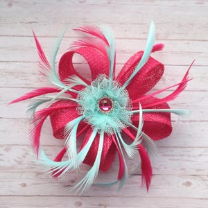 Cerise Fuchsia Pink and Pale Aqua Blue Sinamay Loop Feather Crystal Clip Fascinator Small Headpiece Wedding  - Ready Made