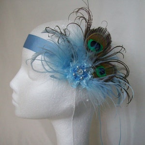 Pale Ice Blue Peacock Feather & Pearl Small Vintage Hair Clip Fascinator or Vintage Style Flapper Band Gift Gifts Made to Order image 8