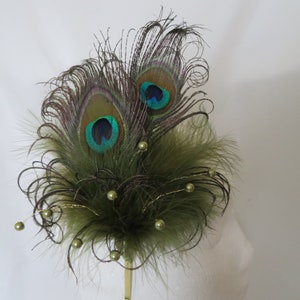 Olive Khaki Green Peacock Feather Pearl Crystal Chartreuse Vintage Regency Style Wedding Fascinator Party Races Made To Order image 1