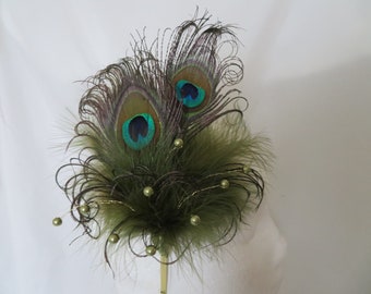 Olive Khaki Green Peacock Feather Pearl Crystal Chartreuse Vintage Regency Style Wedding Fascinator  Party Races - Made To Order