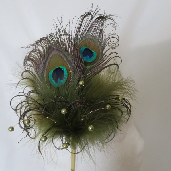 Olive Khaki Green Peacock Feather Pearl Crystal Chartreuse Vintage Regency Style Wedding Fascinator  Party Races - Made To Order