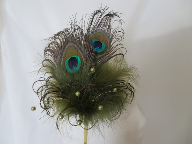 Olive Khaki Green Peacock Feather Pearl Crystal Chartreuse Vintage Regency Style Wedding Fascinator Party Races Made To Order image 1