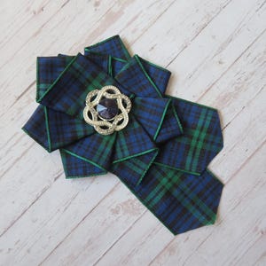 Black Watch Tartan Large Ruffle Rosette and Crystal Brooch Pin Scottish Plaid Ribbon Wedding Burns Night Buttonhole Corsage -- Made to Order