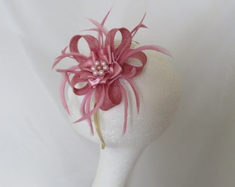 Dusky Rose Pink Sinamay Loop and Feather Pearl Clip Fascinator Mini Hat Headpiece Wedding Races- Made to Order