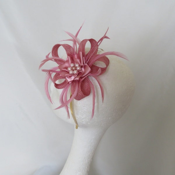 Dusky Rose Pink Sinamay Loop and Feather Pearl Clip Fascinator Mini Hat Headpiece Wedding Races- Made to Order