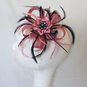 Dusky Pink and Navy Blue Sinamay Loop and Feather Pearl Clip Fascinator Mini Hat Headpiece Wedding Races- Made to Order