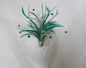 Mint Sea Foam & Jade Green Tonal Ombre Feather Comb Fascinator Greens Crystal Regency Headpiece Races Wedding - Ready Made