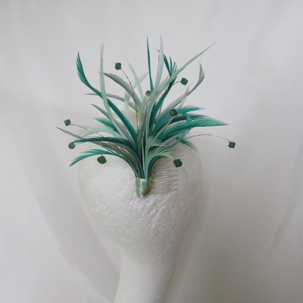 Mint Sea Foam & Jade Green Tonal Ombre Feather Comb Fascinator Greens Crystal Regency Headpiece Races Wedding - Ready Made
