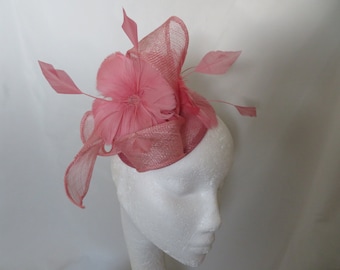 Dusky Rose Pink Bespoke Sinamay Loop and Feather Flower Fascinator Hat - Wedding Races Royal Ascot - Made to Order