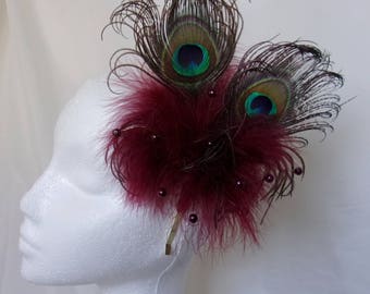 Burgundy Peacock Fascinator Marsala Berry Wine Feather & Pearl Crystal Burlesque Victoriana Wedding Hair Comb or Headband -Made to Order